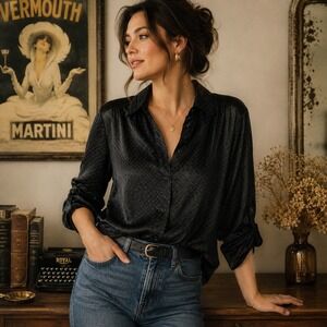 Maygene Vintage Black Jacquard‎ Satin Roll Tab Sleeve Button Down M Blouse Women